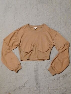 Love J USA Tan Cropped Long-Sleeve Sculpted Seam Top